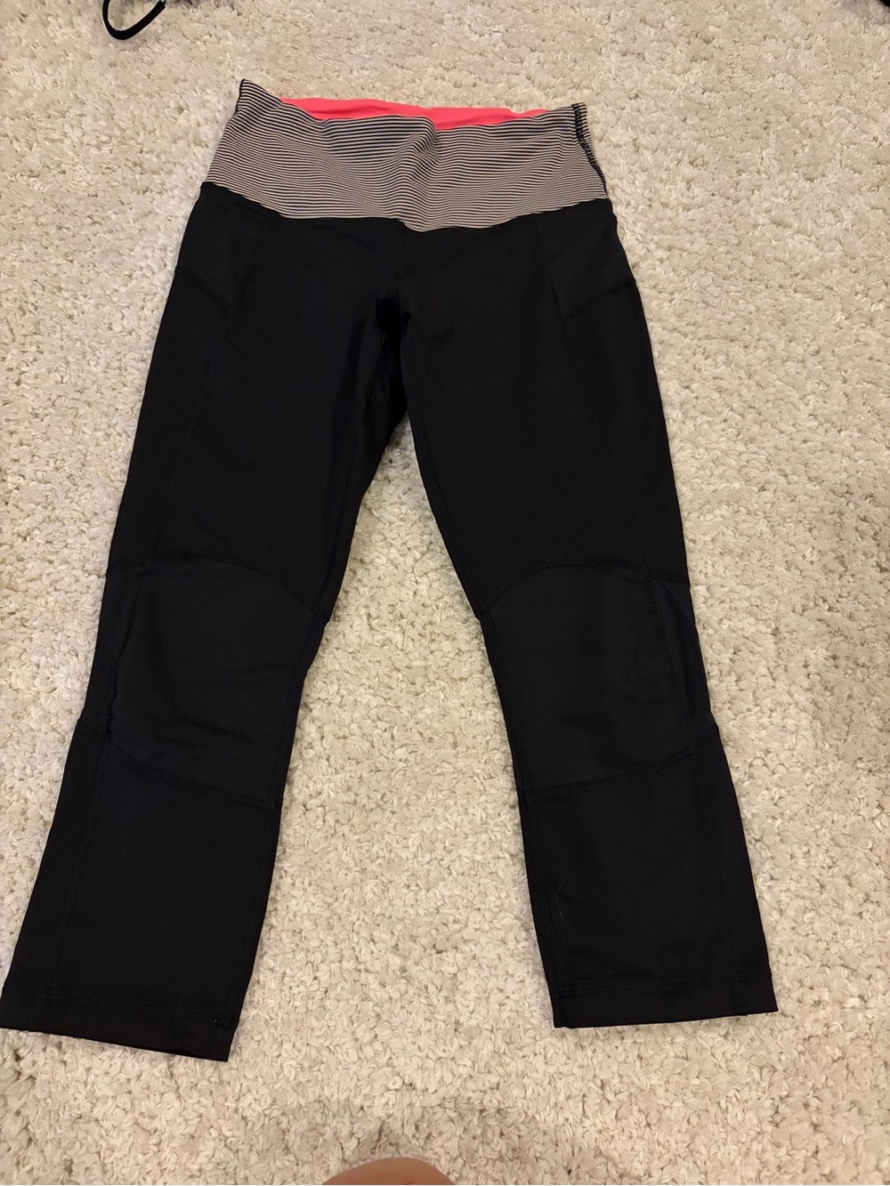 lululemon athletica Kids Black Capri Leggings with Pink and Striped Waistband